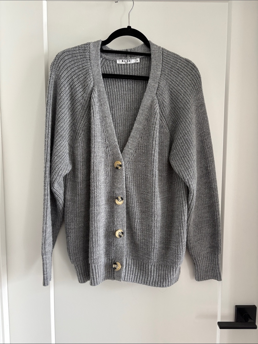 NA-KD Gray Ribbed V-Neck Button Cardigan